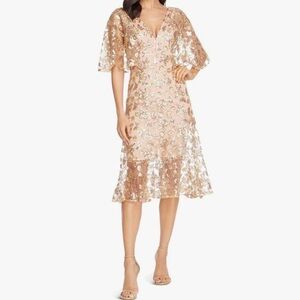 XS Dress the Population Metallic Floral Dress in Gold & Nude